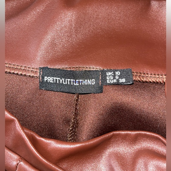 Pretty Little Thing Womens Pants Skinny Faux Leather Brown Elastic Waist - Picture 3 of 4